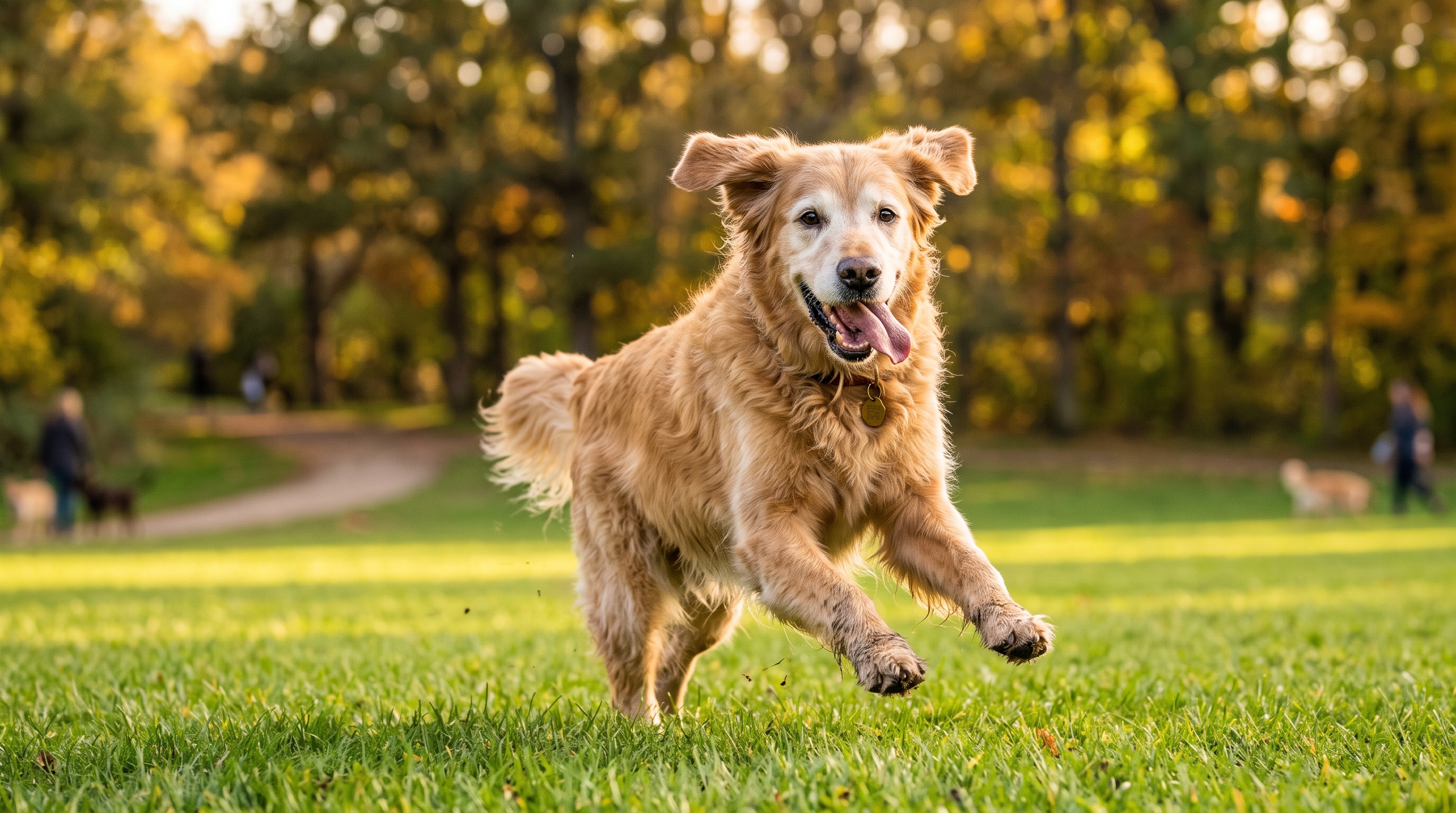 Happy healthy senior golden retriever running joyfully across a sunny green park