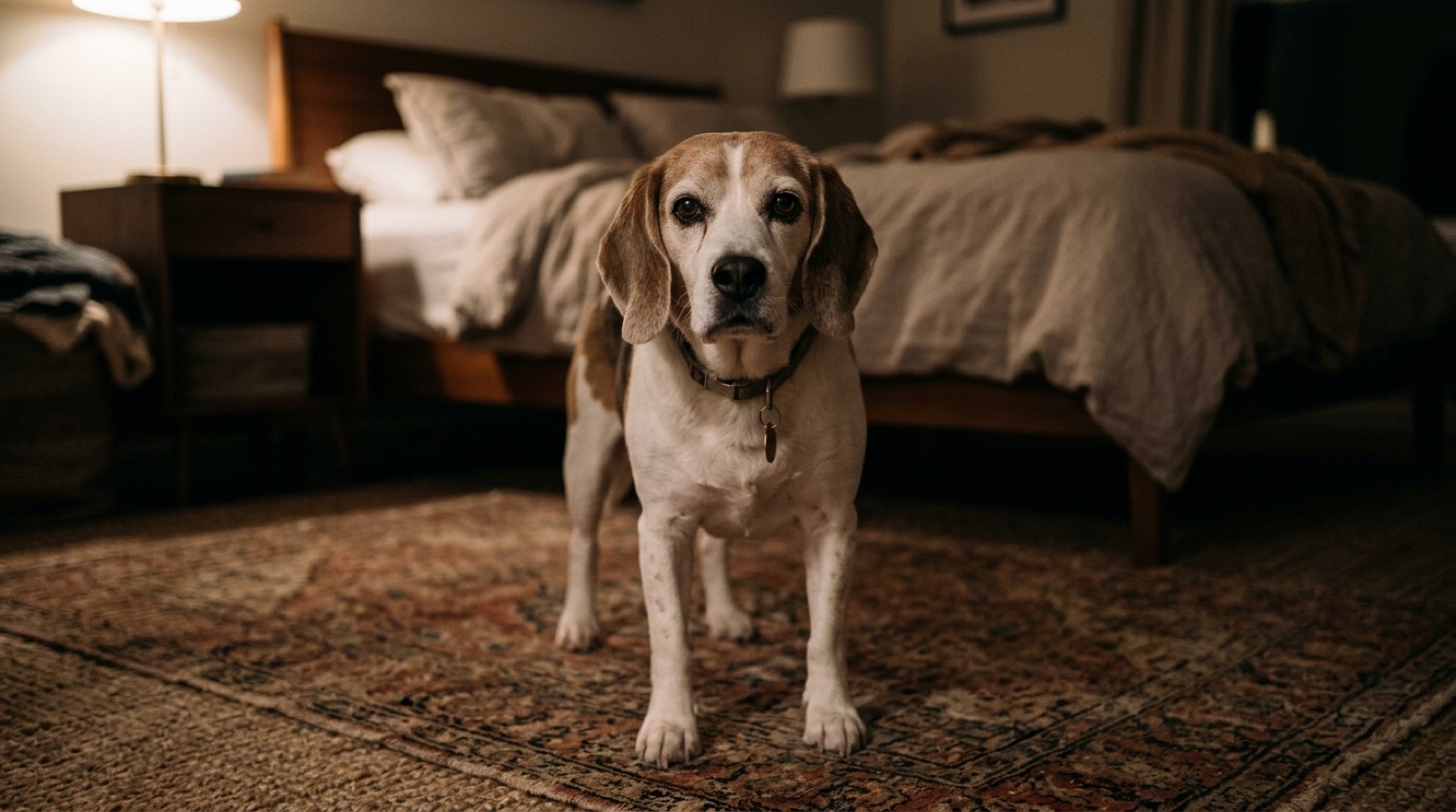Beagle dog, dog pacing at night