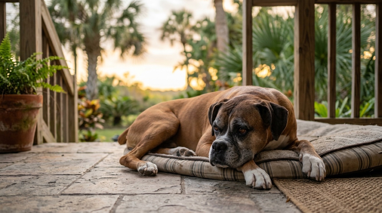 Boxer dog, dog pacing at night in Tampa, Florida