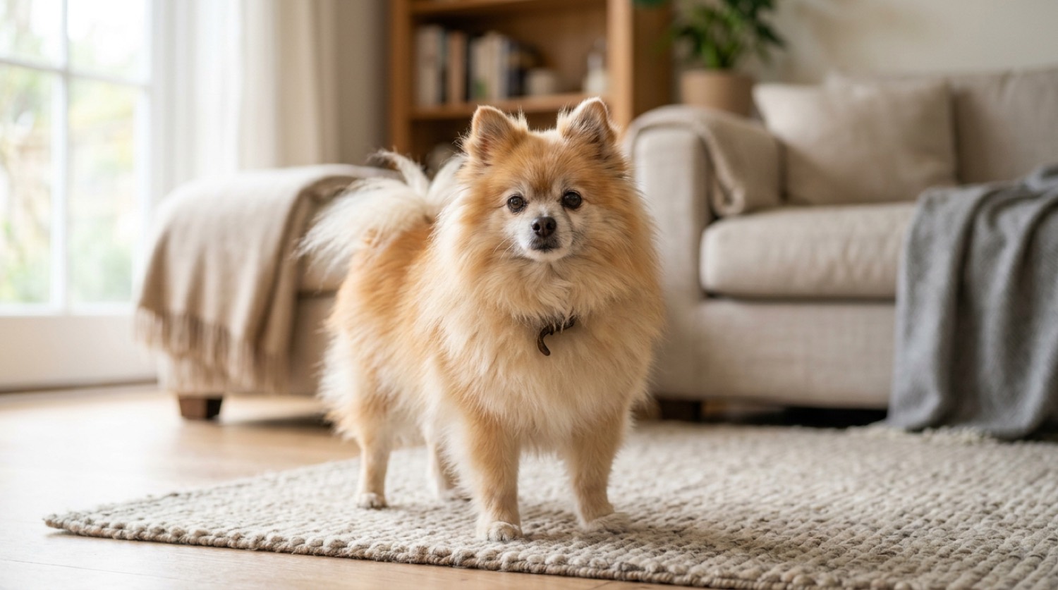 Pomeranian dog, an old dog confused and disoriented