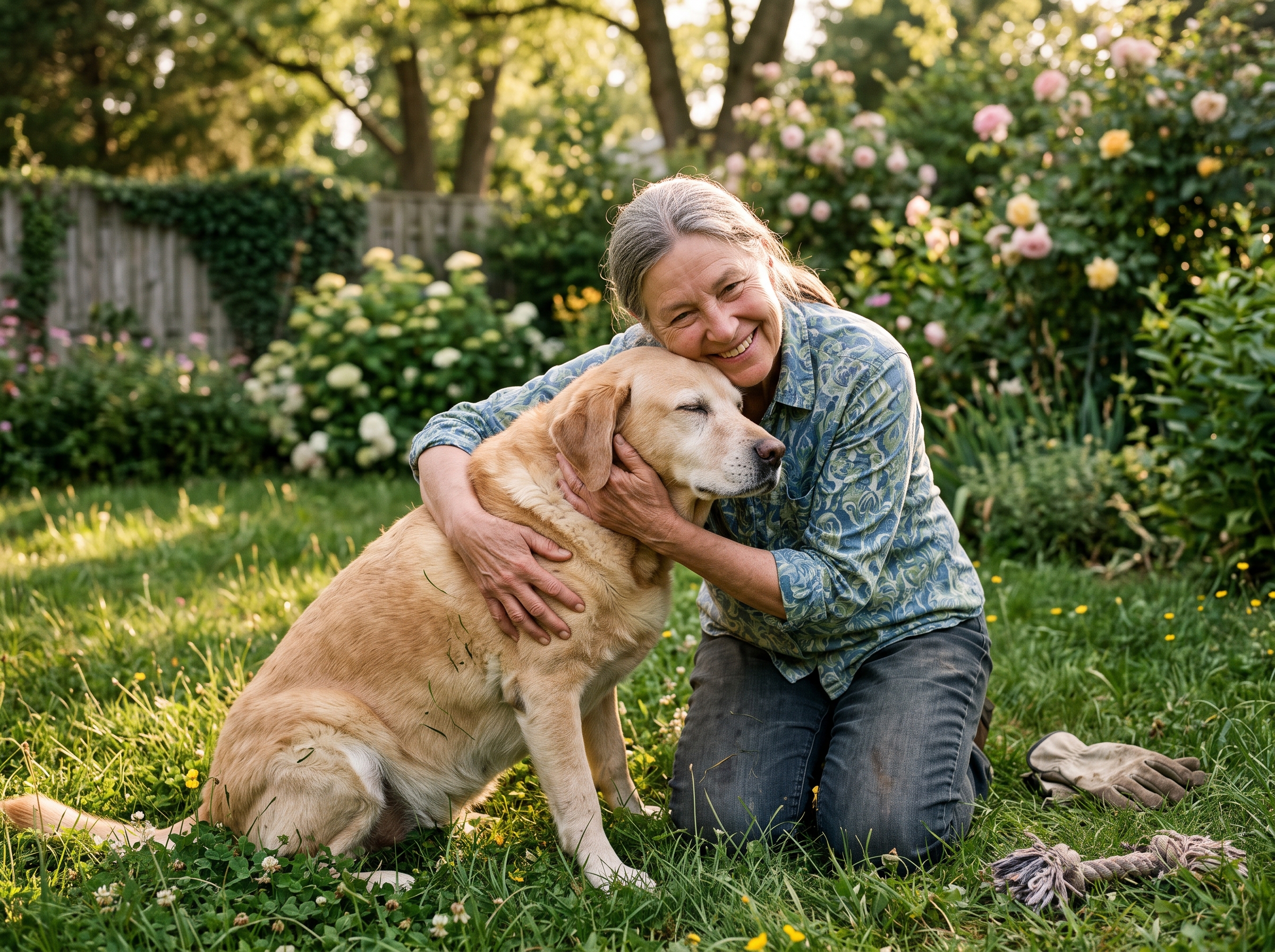 Senior dog and owner sitting together peacefully in a sunlit living room